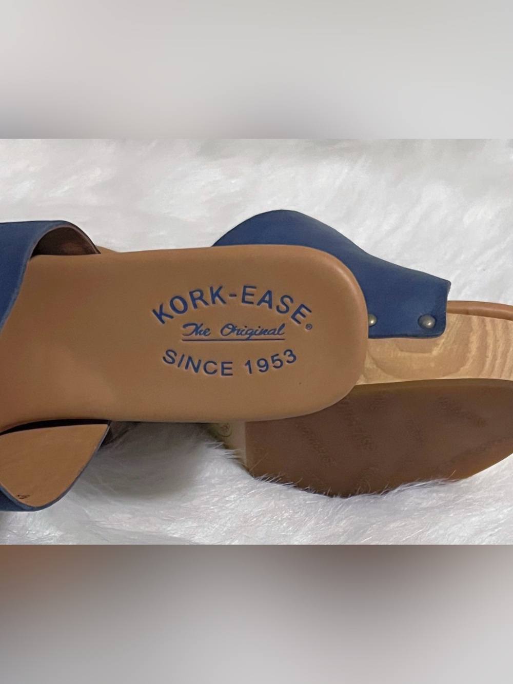 Kork-Ease NWOT Waone Leather Wood Wedge Platform Sandal Size 9 Blue/Grey - Picture 9 of 10